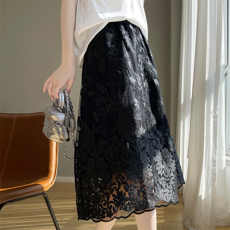 夏季法式重工网纱半身裙女蕾丝刺绣松紧高腰A字裙显瘦过膝中长裙，女装半身裙，凯思米羊绒