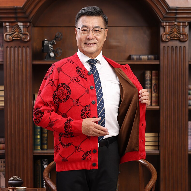 中老年女装开衫福字针织毛衣圆领羊毛衫爸爸妈妈喜庆老年情侣外套,男装中老年男装,亚东羊绒制品