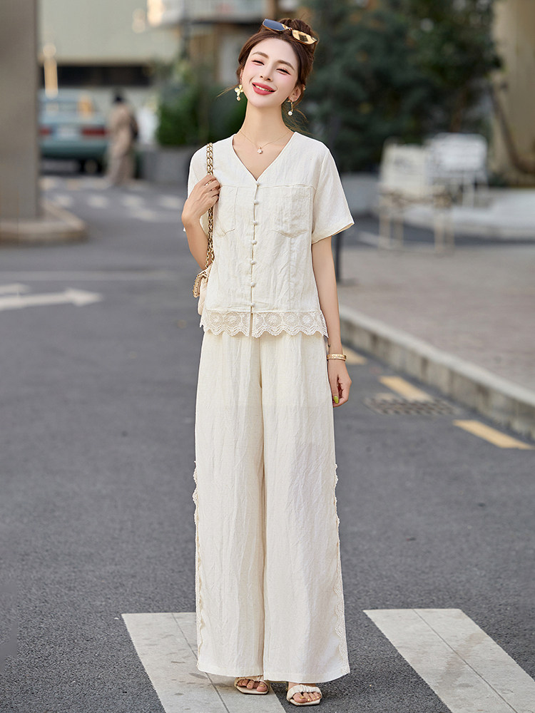 休闲短袖套装女2025新款巨好看的蕾丝花边夏日气质穿搭显瘦两件套,女装套装/套裙,布芭啦
