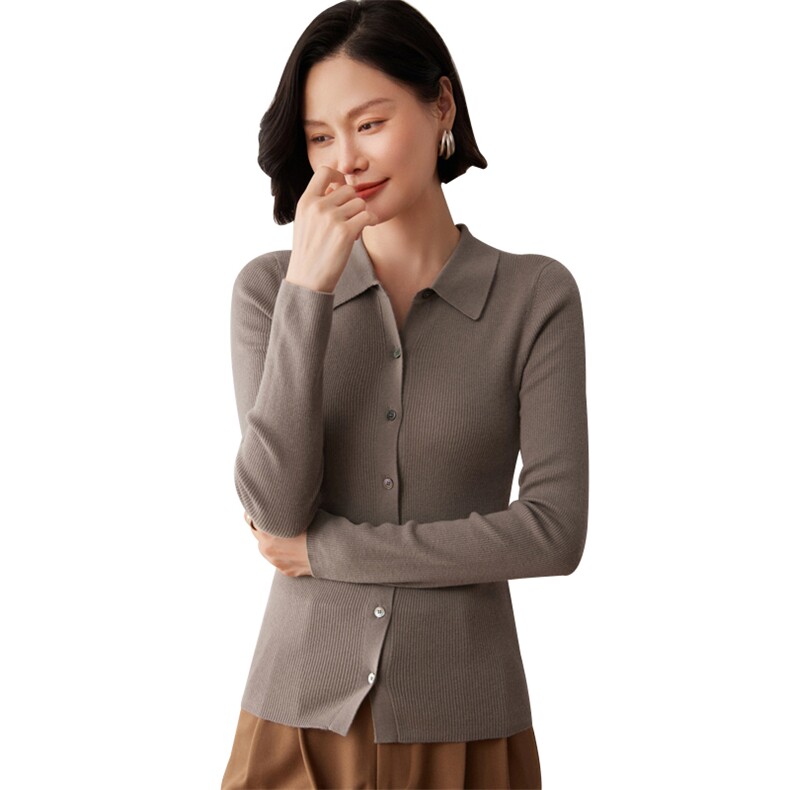 秋冬新款洋气时尚百搭显瘦女款POLO领35%山羊绒开衫,女装羊绒衫,艾巧羊绒