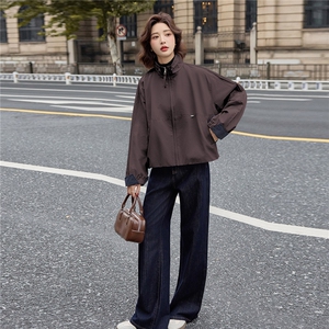时尚格纹拼接立领短外套女2025秋季新款宽松休闲百搭显瘦夹克上衣图片