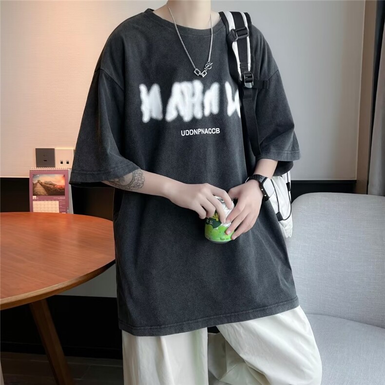 字母T恤男夏季上衣服潮牌ins宽松纯棉包边水洗做旧短袖WT105P35,男装T恤,星座1116-2