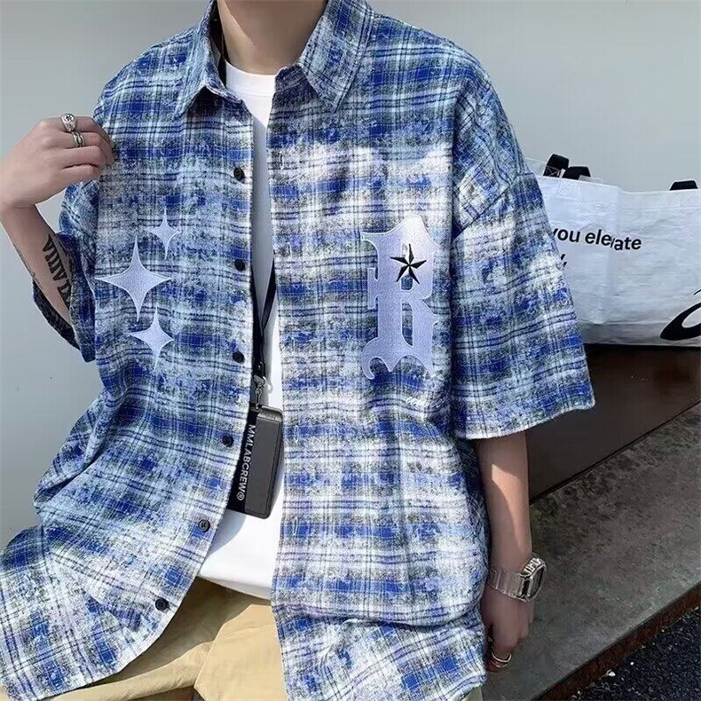 高街格子衬衫男女短袖2026新款美式潮牌衣服男士衬衣外套男生CC30,男装T恤,星座601-1
