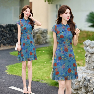 新中式改良旗袍连衣裙女2026夏季新款短袖收腰显瘦气质荷叶边裙子图片