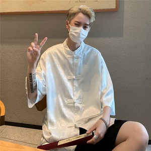 唐装衬衫式暗龙纹盘扣风唐装短袖衬衫夏季外套衬衣上衣 C4515图片