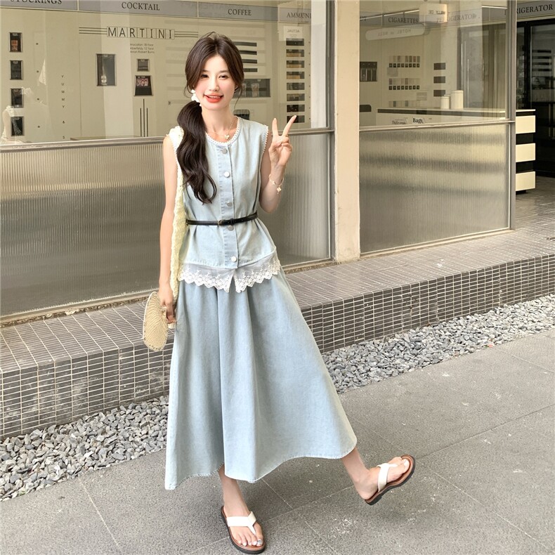 2025新款夏季时髦蕾丝拼接牛仔手套套装女高级感韩系半身裙两件套图片