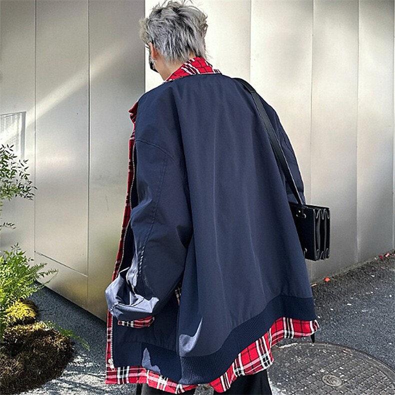2025秋格子拼接假两件外套复古工装夹克棒球服JK8561,男装夹克,星座1108