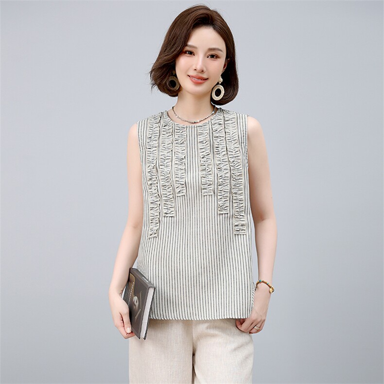 2025年夏季条纹无袖T恤休闲/淑女全棉圆领,女装T恤,小林双子