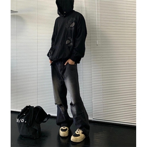 毛边破洞设计水洗泛白做旧直筒牛仔裤宽松休闲男女老爹裤 N090图片