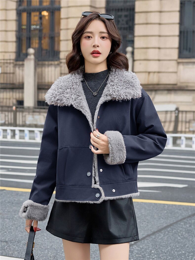 2025秋冬新品~时尚羊羔毛加棉加厚大翻领棉衣外套,女装棉衣/棉服,依路服饰