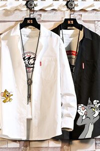 2021秋日系新砖墙大码男猫和老鼠印花宽松长袖衬衫C3209-P35图片