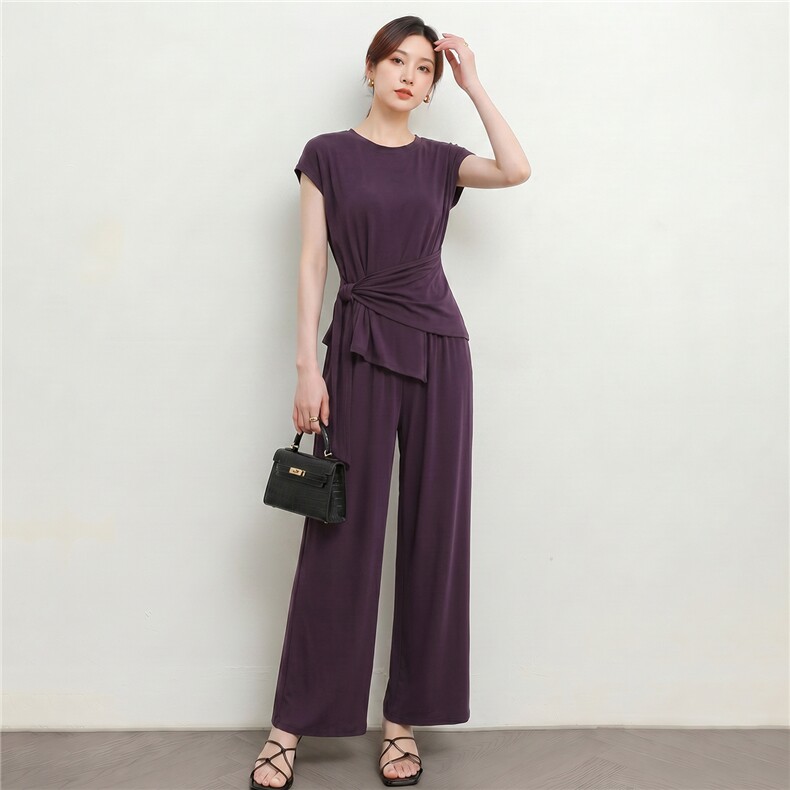 高端休闲时尚套装女夏季新款修身显瘦圆领系带短袖上衣长裤两件套,女装套装/套裙,江南
