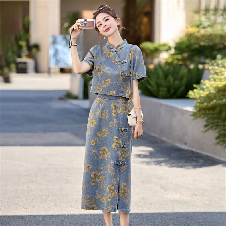 新中式盘扣牛仔套装裙女2025年夏季新款复古印花半身裙两件套,女装套装/套裙,关键词
