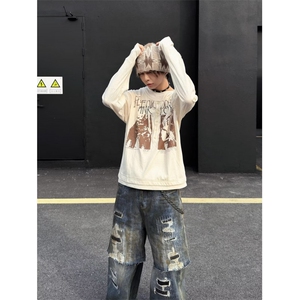 美式复古摇滚印花亨利领长袖T恤男女潮牌宽松假两件上衣情侣图片
