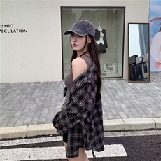 烫钻美式翻领百搭黑白格子男女宽松长袖衬衫外套513ACS2042P55，男装衬衫，星座513A