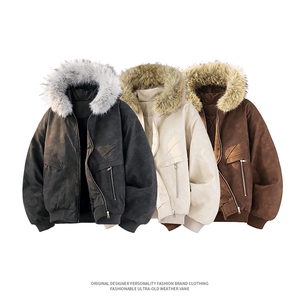 现货 扎染PU皮棉服男冬季加厚连帽棉衣座山雕大毛领外套M090-P120图片
