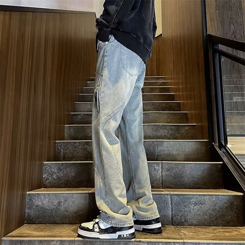 美式街头黄泥染拉链牛仔裤男女高街vibe风直筒裤显瘦微喇叭长裤子,男装牛仔裤,星座601-1
