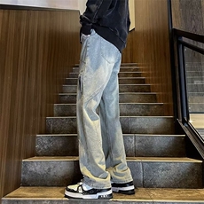 美式街头黄泥染拉链牛仔裤男女高街vibe风直筒裤显瘦微喇叭长裤子，男装牛仔裤，星座601-1