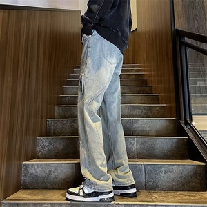 美式街头黄泥染拉链牛仔裤男女高街vibe风直筒裤显瘦微喇叭长裤子图片