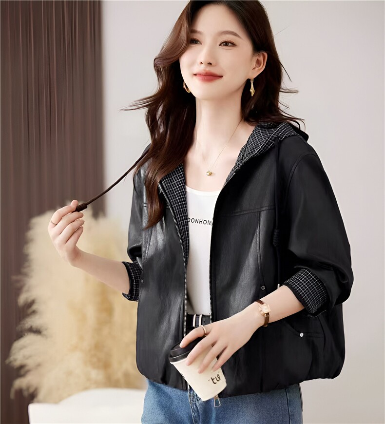 宽松洋气短款皮衣外套女2025秋新款高级感小个子连帽pu皮夹克,女装皮衣,仁梯