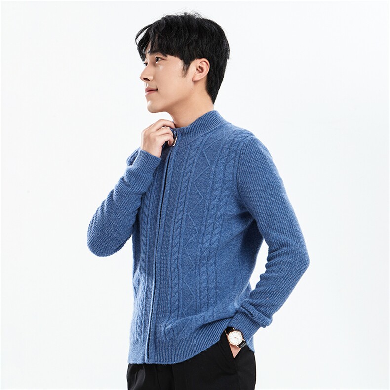 时尚都市男士长袖纯色圆领羊毛衫拉链设计显瘦修身经典百搭款，男装羊毛衫，牧绒家园高端店