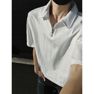 得物抖音二开240克纯棉宽松美式高街痞帅POLO翻领拉链短袖T恤图片