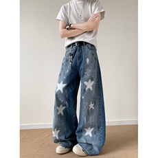 美式星星牛仔裤男2025新款宽松直筒裤潮牌阔腿裤子男款RK3028-P53，男装牛仔裤，星座412-2