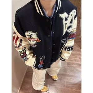 潮牌字母龙凤尼拼皮棒球服外套男女秋冬季复古宽松潮流情侣夹克图片