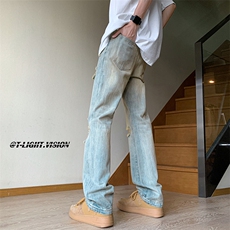 B221美式ins高街暗黑小众毛边破洞直筒牛仔裤LK23111-P60控78，男装牛仔裤，电商B221
