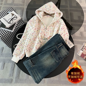 女秋季碎花加绒连帽卫衣牛仔阔腿裤两件套图片
