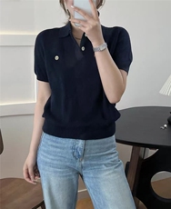 2025年夏季翻领T恤半袖女，女装针织衫/毛衣，兰叶羊绒