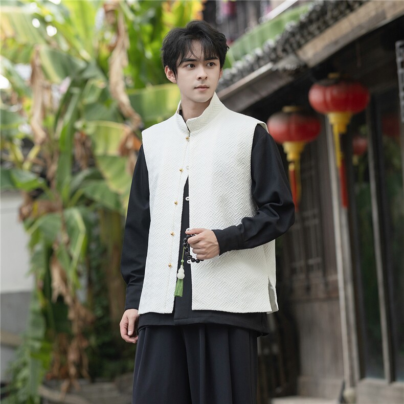 秋冬新品几何提花铜扣马甲风立领无袖大码唐装夹克背心MJ06图片
