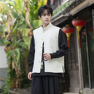 秋冬新品几何提花铜扣马甲风立领无袖大码唐装夹克背心MJ06图片