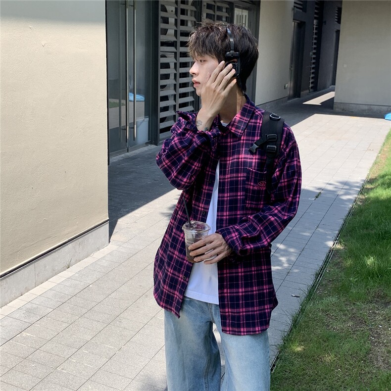 B413-1-DX877美式复古长袖格子衬衫男休闲百搭潮流宽松衬衣外套,男装衬衫,电商B413-1