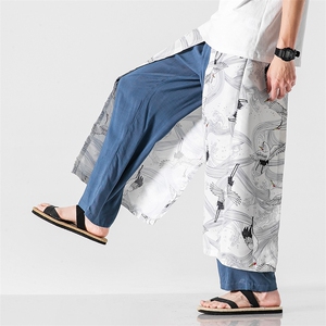 大码风仙鹤贴布古风汉服潮仙气情侣棉麻哈伦裤阔腿裤 K88/P70图片