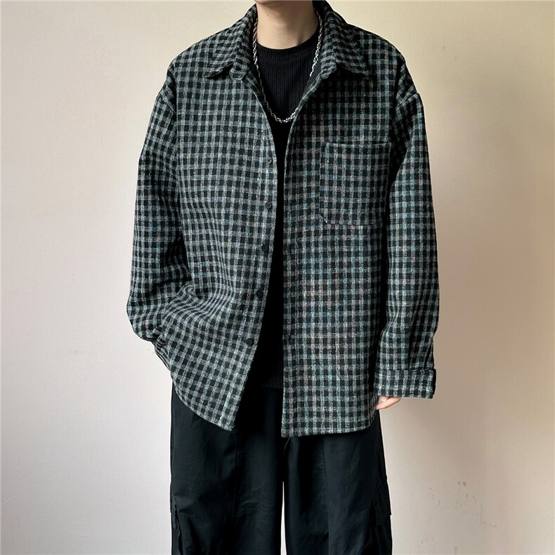 新款呢子夹克外套宽松休闲格子呢料衬衣外套A351-AJ2552-P75控138,男装夹克,电商A351