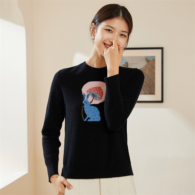 时尚女士圆领兔子提花时尚百搭通勤羊绒衫舒适保暖优雅百搭,女装羊绒衫,澳冬特羊绒