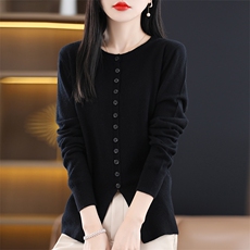 100%纯羊毛开衫女24春秋新款圆领纯色上衣宽松羊绒衫针织毛衣外套，女装羊毛衫，朝思羊绒