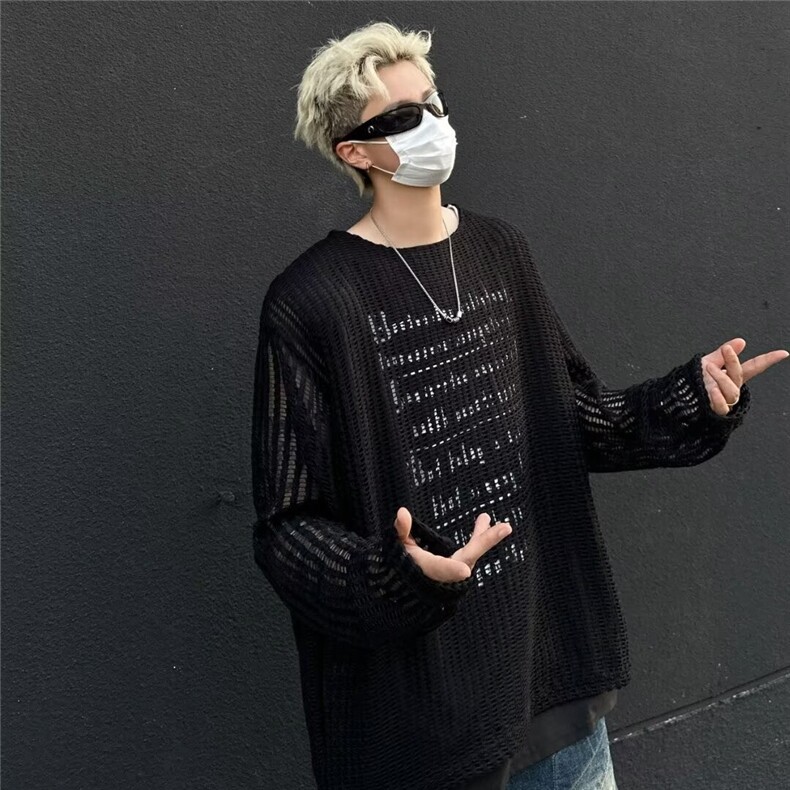 镂空网纱假两件针织罩衫男夏季薄款潮牌防晒长袖t恤外套MY6032,男装防晒衣,星座516A