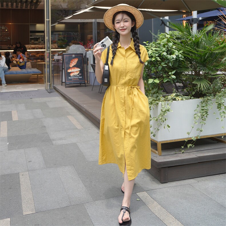 黄色衬衫设计感气质衬衫连衣裙女夏季法式独特别致掐腰宽松中长裙,女装连衣裙,浙宝276（原081）