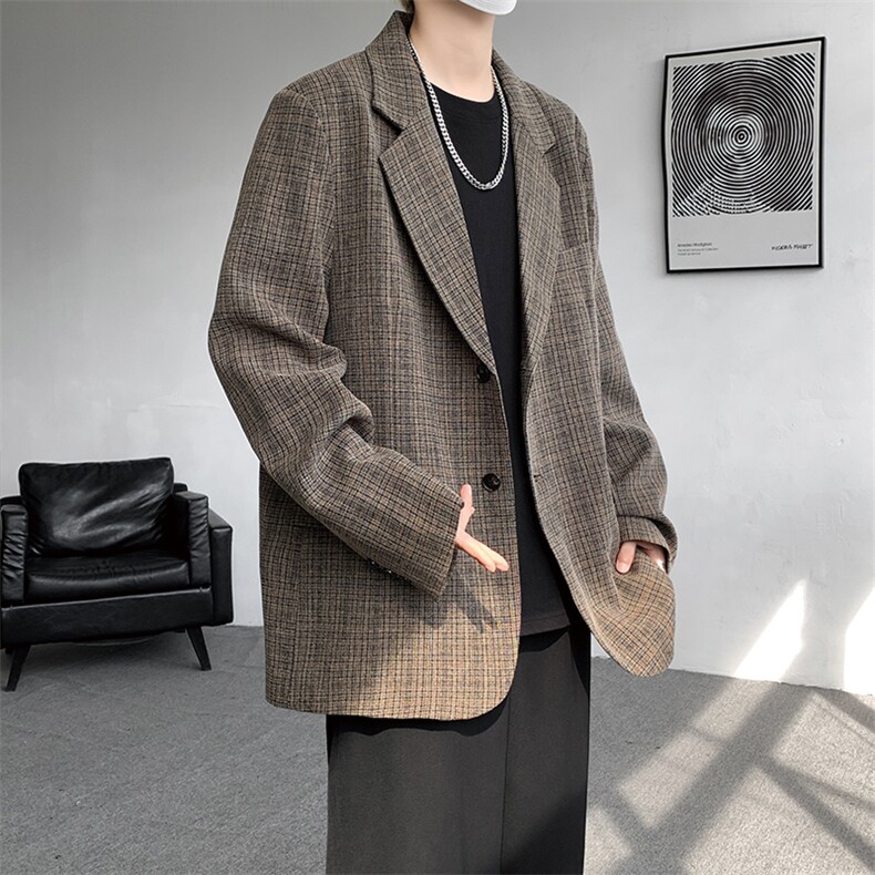 8XL-M美式复古格纹廓形西服外套男痞帅高级感休闲西装XF001P115,男装西服,电商B312