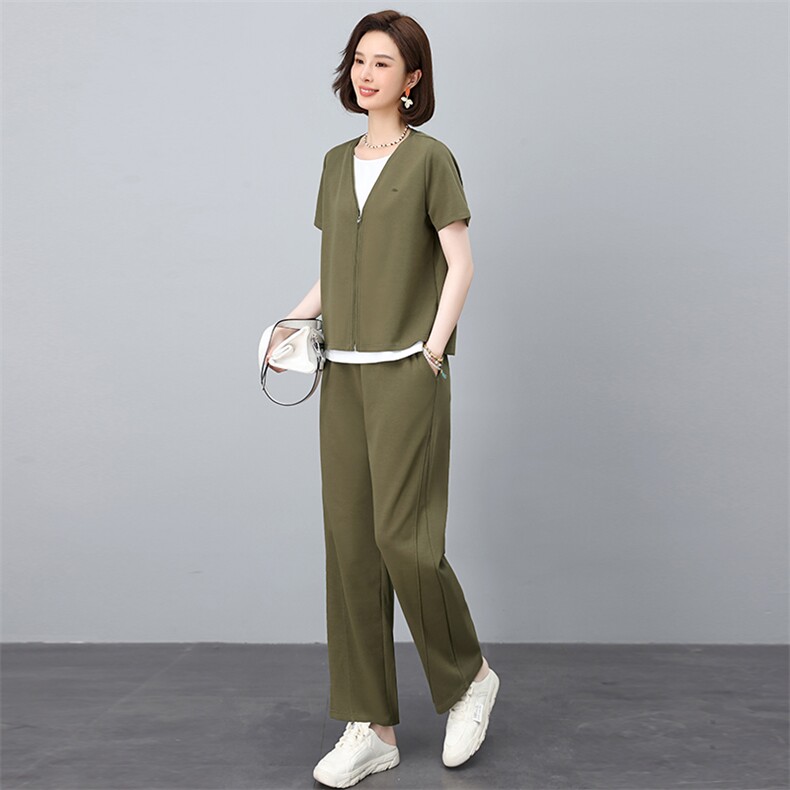休闲套装女2025夏季新款时尚洋气假两件短袖卫衣搭配一整套运动服,女装套装/套裙,忆绮罗