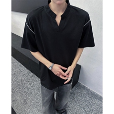 美式机车V领短袖T恤设计感T恤肩部拉链时尚设计短袖T恤半袖P48，男装T恤，电商B319