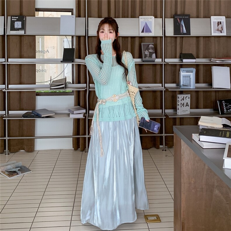 慵懒风绿色镂空防晒针织罩衫套装女2025夏季新款上衣半身裙两件套,女装套装/套裙,2C201