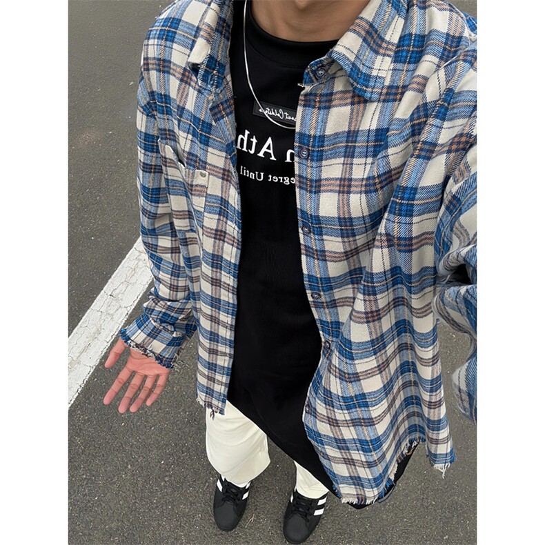 美式格子长袖衬衫男vintage蓝色情毛边外套薄款宽松型C352,男装衬衫,星座1116A（原606A-3）