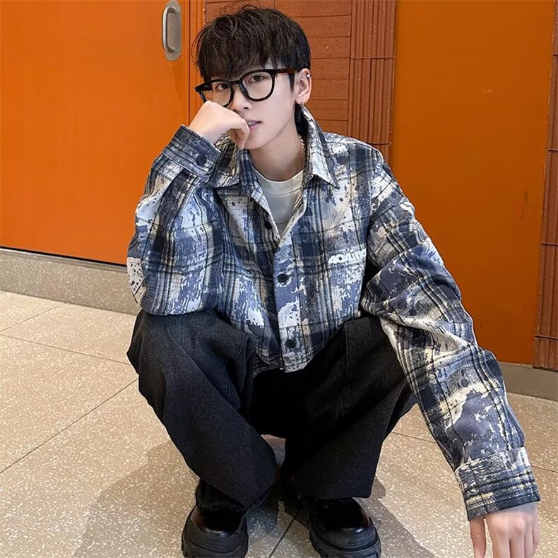 HJ45日系ins翻领潮流简约时尚港风少年感格子长袖衬衫男常规宽松,男装衬衫,星座308A-1（原309B-1）