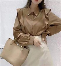 2021秋季新款复古格纹设计感木耳边带链条装饰时尚衬衫，女装衬衫，L·H·X