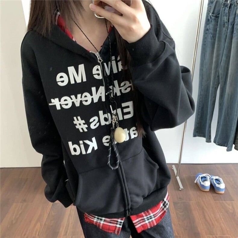 藏青色情侣卫衣男女2024早秋新款假两件开衫红色格子拼接连帽外套,男装卫衣,星座603-2