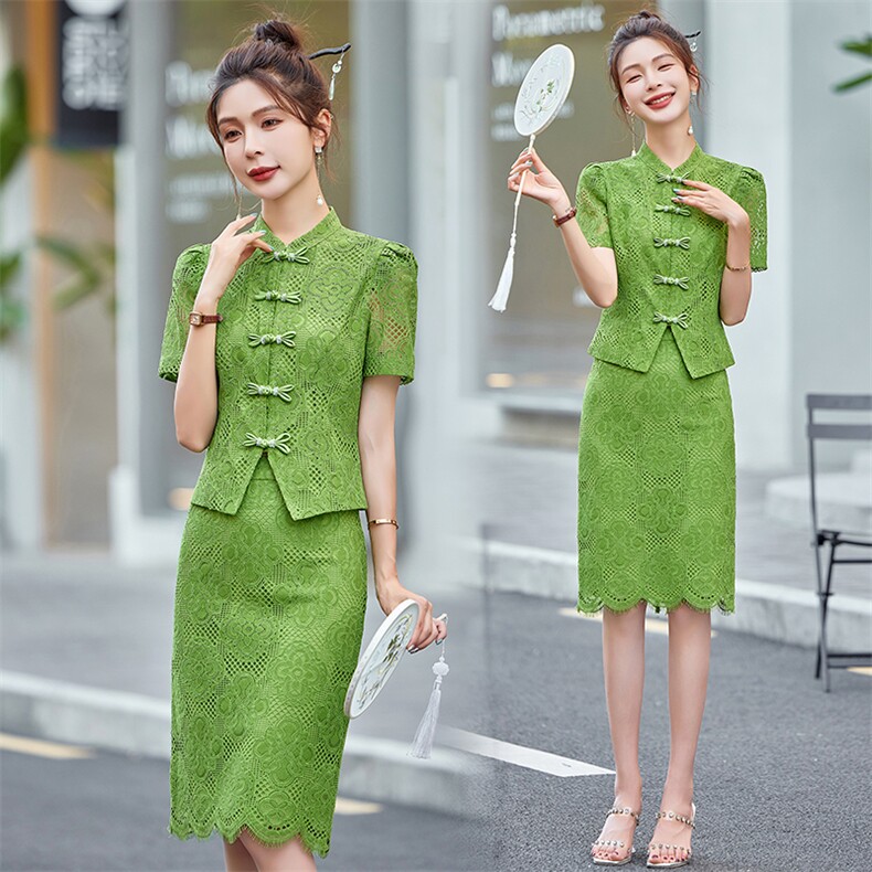 改良旗袍蕾丝连衣裙女装2024夏季新款高端气质年轻款新中式两件套，女装套装/套裙，布依丽人