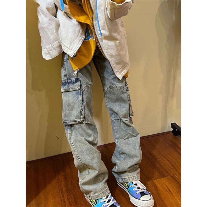 1506/Q1780/P61美式复古洗水拼接直筒大口袋休闲宽松微喇长裤子,男装休闲裤,星座1506